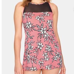 Swim Solutions Women's Red/Black/White Floral Catalina Mesh Swim Dress sz 8